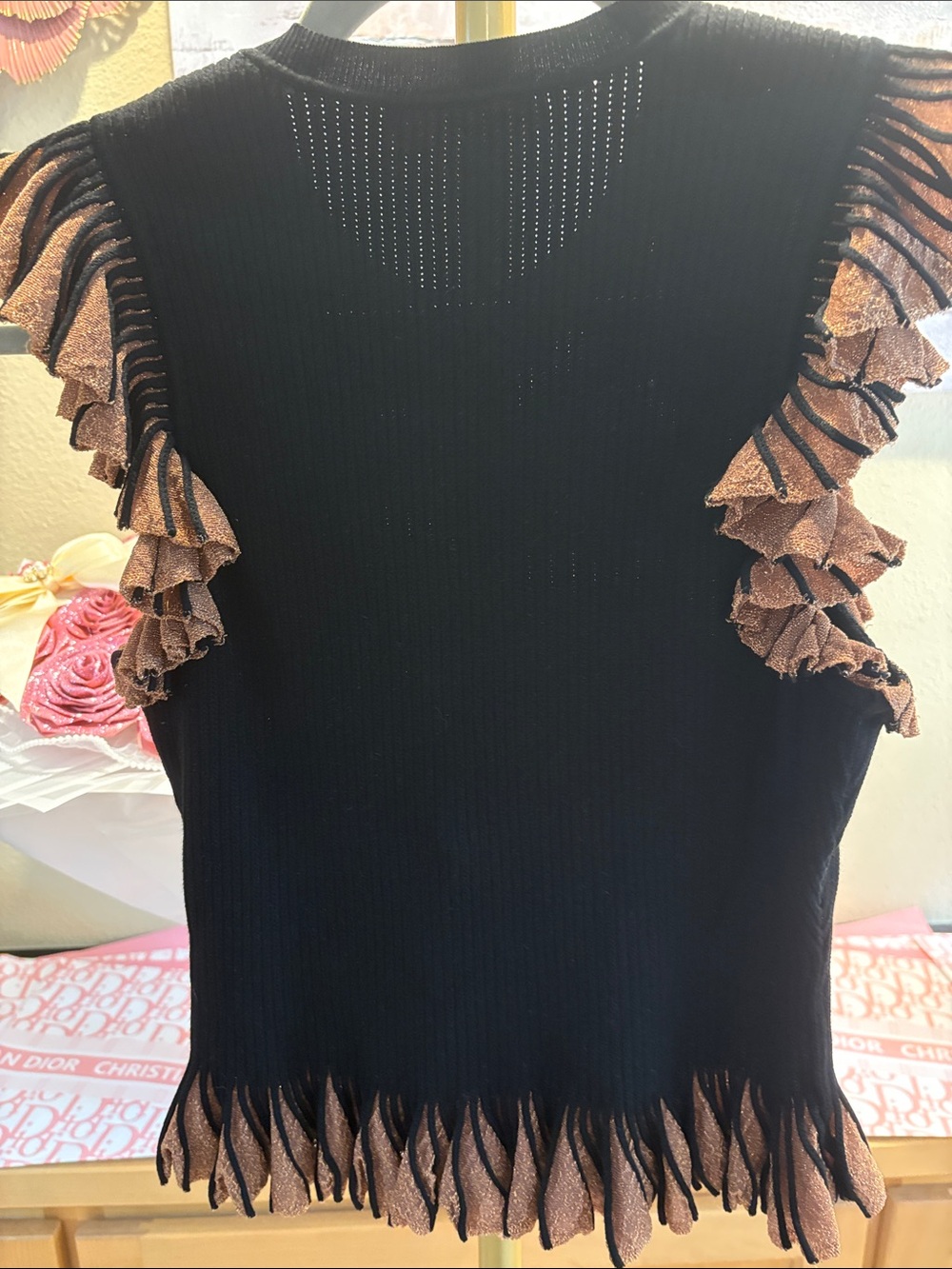 Ulla Johnson Leila Ruffled Ribbed Metallic-Knit Top - Black/Bronze